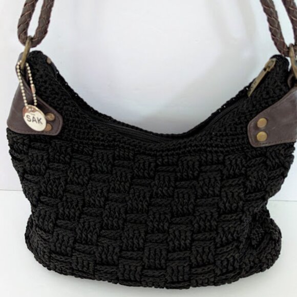 The Sak Womens Woven Crochet Boho Shoulder Bag Purse Black Brown - Picture 1 of 7